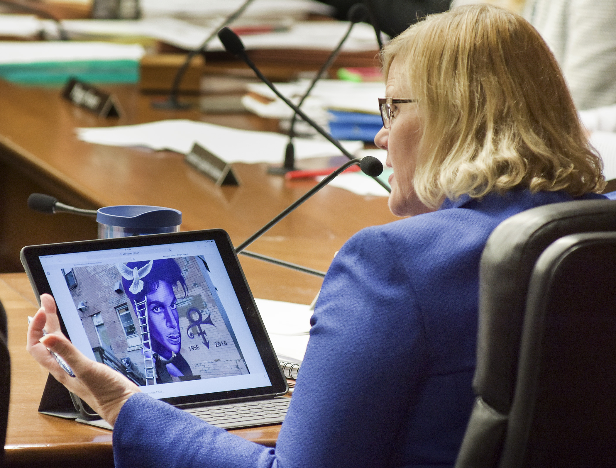 Rep. Debra Hilstrom asks a question about what could represent a “likeness” during discussion in the May 10 House Civil Law and Data Practices Committee meeting of a bill that would recognize property rights in a person’s name, voice, signature or likeness. Photo by Andrew VonBank